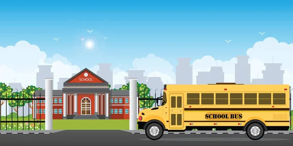 Moderní Školní Budova Školním Autobusem Budova Vysoké Školy Pozadí Městské — Stockový vektor
