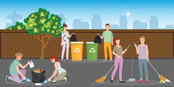 Jóvenes Voluntarios Limpiando Calle Ciudad Concepto Conservación Del Medio Ambiente — Vector de stock