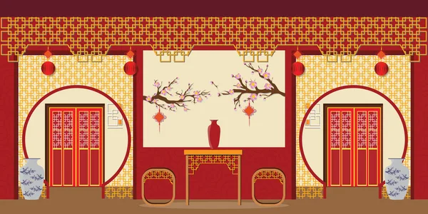 Salon Chinois Fond Intérieur Avec Des Meubles Illustration Vectorielle Style Illustration De Stock