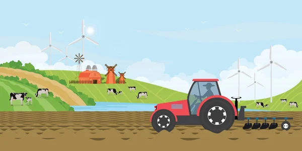Exploitant Agricole Conduisant Tracteur Sur Terrain Agricole Dans Une Ferme Graphismes Vectoriels