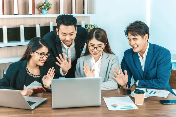 Young Asian Business People Looking Screen Video Conference Office — Fotografia de Stock