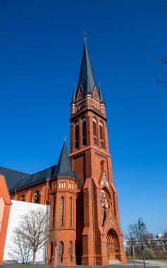 Frankfurt, Oder, 30 Mart 2021 - Frankfurton 'daki Heiligkreuzkirche, Oder Katolik kilisesidir. Temelini 1897 'de attı ve 1899' da kutsadı..
