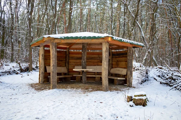 Ormanda oturaklı ve masalı ahşaptan yapılmış stabil hava koruması. Wintry.