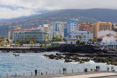 Puerto de la Cruz, Tenerife, İspanya - 9 Nisan 2022, Porto de la Cruz 'da tropikal Kanarya bitki örtüsüyle gezinti güvertesi, Tenerife, Kanarya Adaları