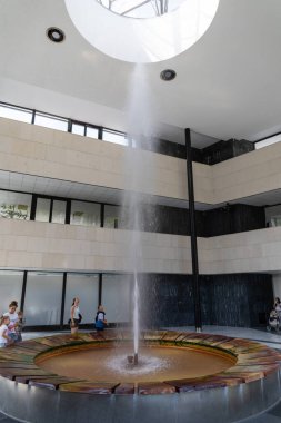 Karlovy Vary, Bohemia, Czech Republic - August 6, 2022, The Fontana Vridlo Sprudel or Vridlo Fountain in the colonnade of the hot spring or Vridelni Kolonada in Karlovy Vary.