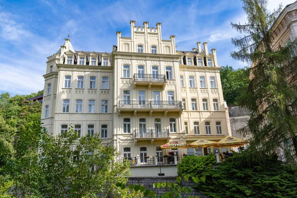 Karlovy Vary, Czech Republic - August 6, 2022, Hotel Pavlov in the old town of Karlovy Vary in summer.