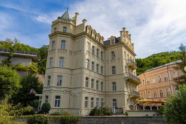 Karlovy Vary, Czech Republic - August 6, 2022, Hotel Pavlov in the old town of Karlovy Vary in summer.