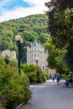 Karlovy Vary, Czech Republic - August 6, 2022, Hotel Pavlov in the old town of Karlovy Vary in summer.