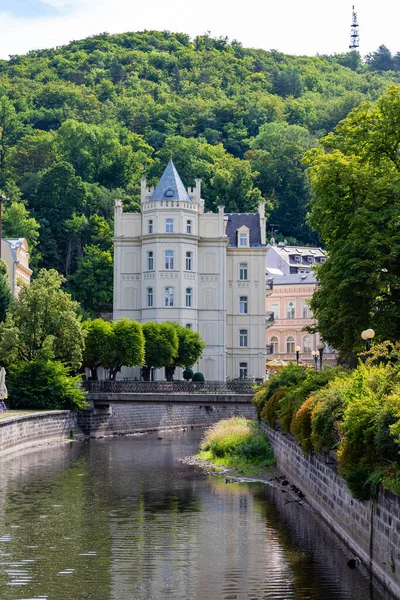 Karlovy Vary, Czech Republic - August 6, 2022, Hotel Pavlov in the old town of Karlovy Vary in summer.