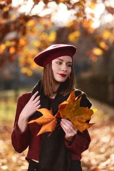 Portrait Girl Sunny Day Autumn Park Looking Away Holding Autumn — Zdjęcie stockowe