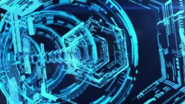 Koyu mavi bir siber uzay holografik 3d 'sinde açık mavi altıgenlerden oluşan kıvrımlı tünel koyu mavi bir siber uzayda boru şekillendiren çizgiler ve noktalarla dolu kristal Celeste altıgenlerinden yapılmış. Fütüristik görünüyor..