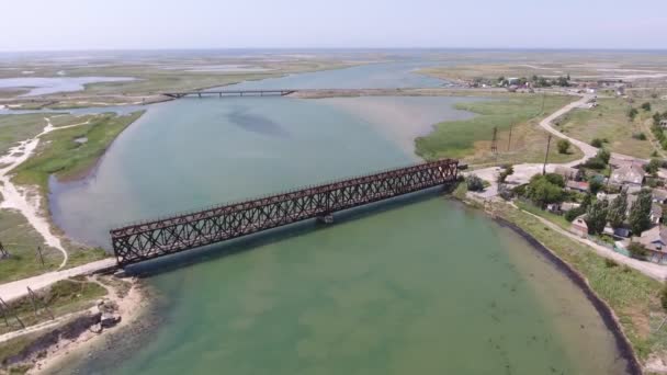 Aerial Shot Arabat Arrow Local Bridge Snaky Road Village Water — Vídeo de stock