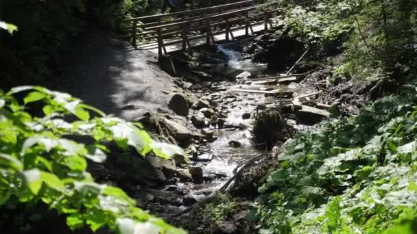 Pohádková Horská Řeka Tekoucí Pod Mostem Lidmi Slunečného Dne Okouzlující — Stock video