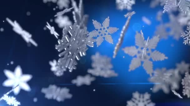 倾斜下落的白色雪花转过来 在蓝色背景下移动节庆3D渲染无数下降的六角形白色雪花旋转着 在深蓝色背景下飞舞 圣诞节快到了 — 图库视频影像