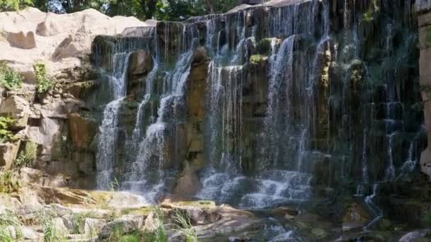 Magischer Wasserfall Der Einem Sonnigen Tag Sommer Eine Steile Steinmauer — Stockvideo