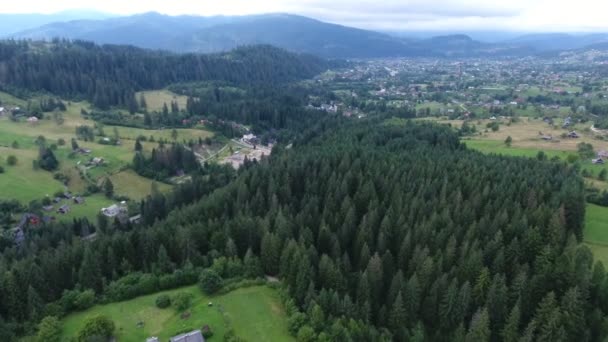 Fotografie Aeriană Unui Munte Carpatic Vârf Iarbă Pădure Case Toamnă — Videoclip de stoc
