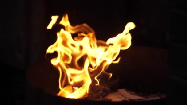 Feuerzungen Die Einem Hexenkessel Auf Schwarzem Hintergrund Spielen Slo Magischer — Stockvideo