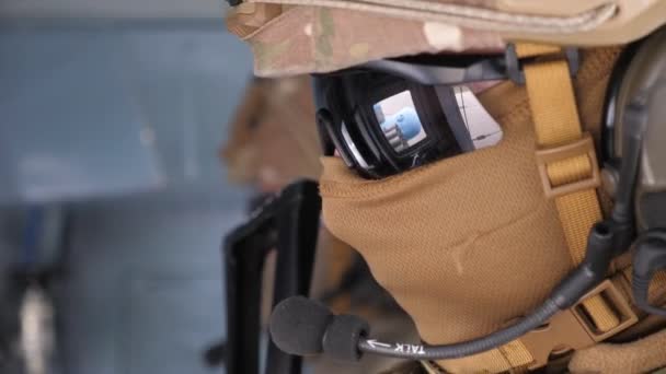 Soldiers Glasses Sitting Armored Personnel Carrier Holding Machine Guns Stunning — Stock Video