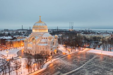 Aerial view of the Naval Cathedral of Nicholas the Wonderworker in Kronstadt at night. Kotlin Island. Winter