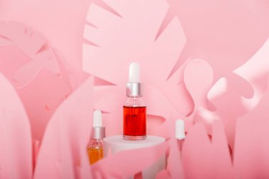 Beyaz bir podyumda üzerinde pipeti olan damlatan cam şişeler. Şeffaf hyaluronik doğal güzellik mineral ürünü ve eko serumu cilt bakımı kavramı