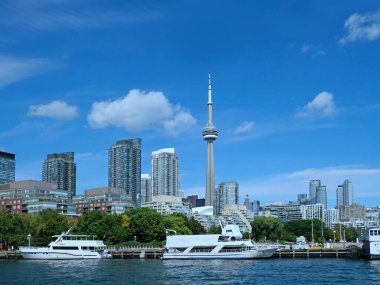 Toronto 'nun batısındaki Ontario Gölü kıyısı yüksek apartman binaları ve tekne marinaları..