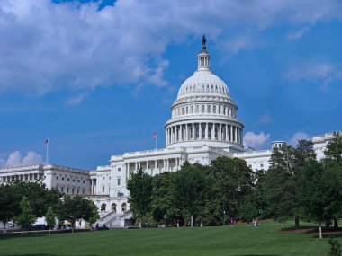 ABD Kongre Binası 'nın arka bahçesinde yürüyen ziyaretçiler var.