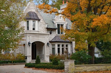 Ağaçlar olgun ağaçlar ve sonbahar renkleriyle kaplı yerleşim yerleri.