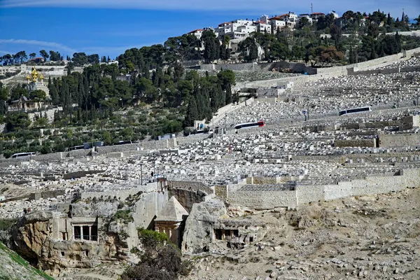 Jérusalem Mont Des Oliviers Avec Ancien Cimetière Tombes Taillées Dans — Photo