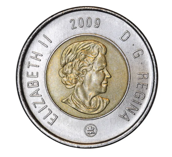 逆がエリザベス女王の肖像画を示すバイメタルカナダの2ドル硬貨 — ストック写真