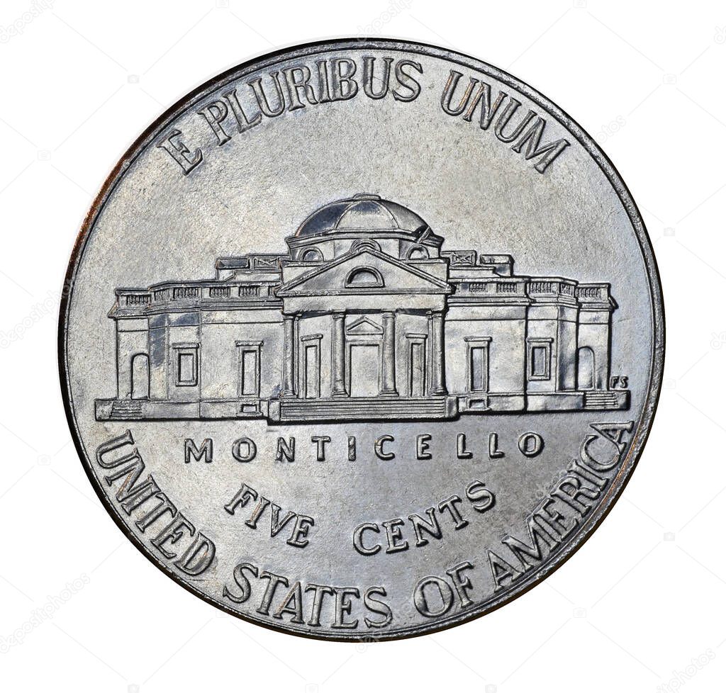 Back of United States nickel with Thomas Jefferson's mansion at Monticello