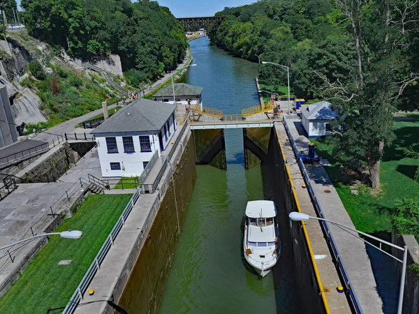 lock gate with boat on the Erie Canal near Lockport, New York