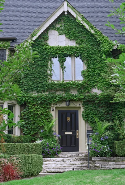 Sarmaşık kaplı evin ön kapısı.