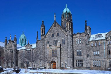 Kışın Toronto Üniversitesi 'nde eski taş gotik kolej binasının önünde.