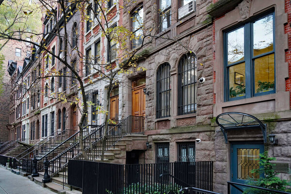 New York, long row of old brownstone townhouses