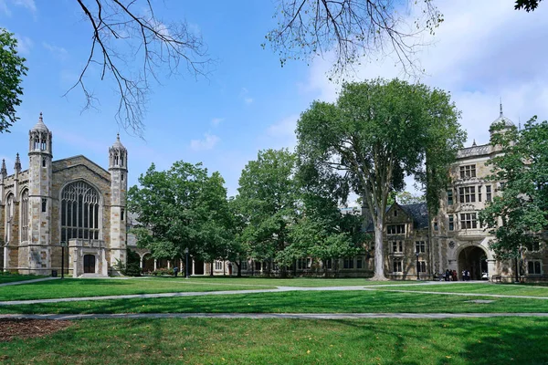 Distant View College Campus Lawn Trees Front Gothic Architecture Buildings — Stock Photo, Image
