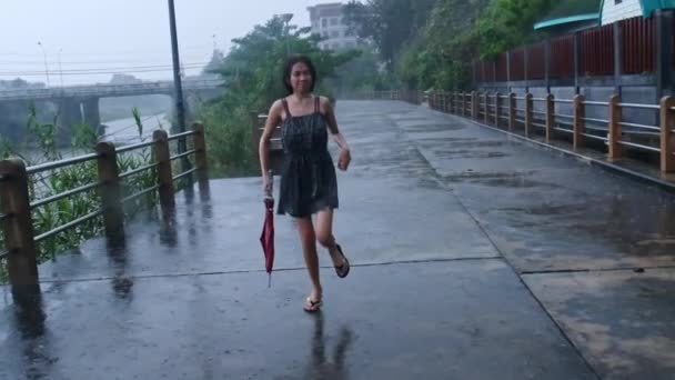 Girl Dancing Rain Slow Motion Girl Skinny Gray Dress Umbrella — Wideo stockowe