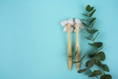 Bambu diş fırçaları, bir tutam okaliptüs ve nane arkaplanda beyaz taşlar. Tazelik ve hijyen kavramı. Boşluğu kopyala