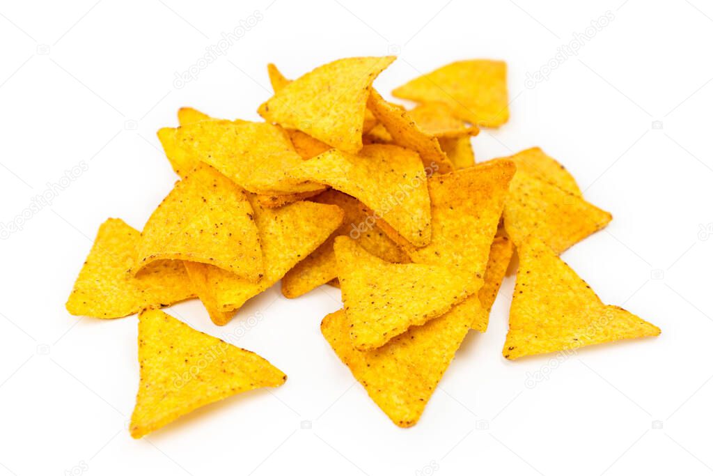 Nacho corn chips. Yellow corn flour chips.