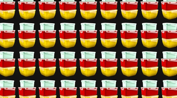 Cajas Almuerzo Plástico Amarillo Menta Rojo Sobre Fondo Negro Patrón — Foto de Stock