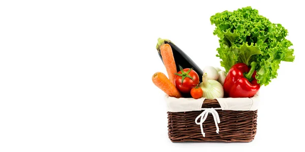 Panier Osier Avec Ensemble Légumes Frais Mûrs Aliments Sains Concept — Photo
