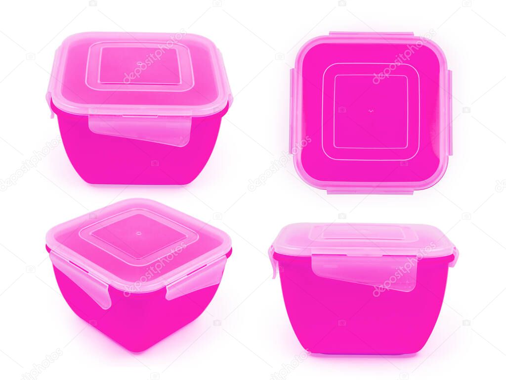 Square plastic lunch box in purple color in four projections isolated on white background