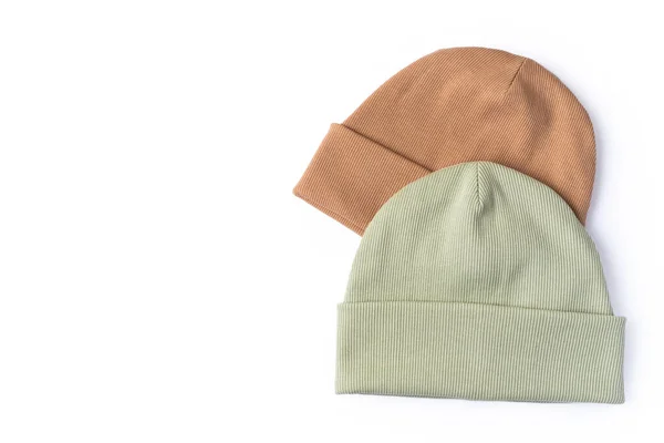 Dois Chapéus Gorro Cores Pastel Para Clima Confortável Outono Inverno — Fotografia de Stock