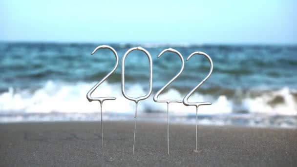 Yaklaşan Yeni Yıl Için 2022 Numaralı Havai Fişek Sahili Dalgalarına — Stok video
