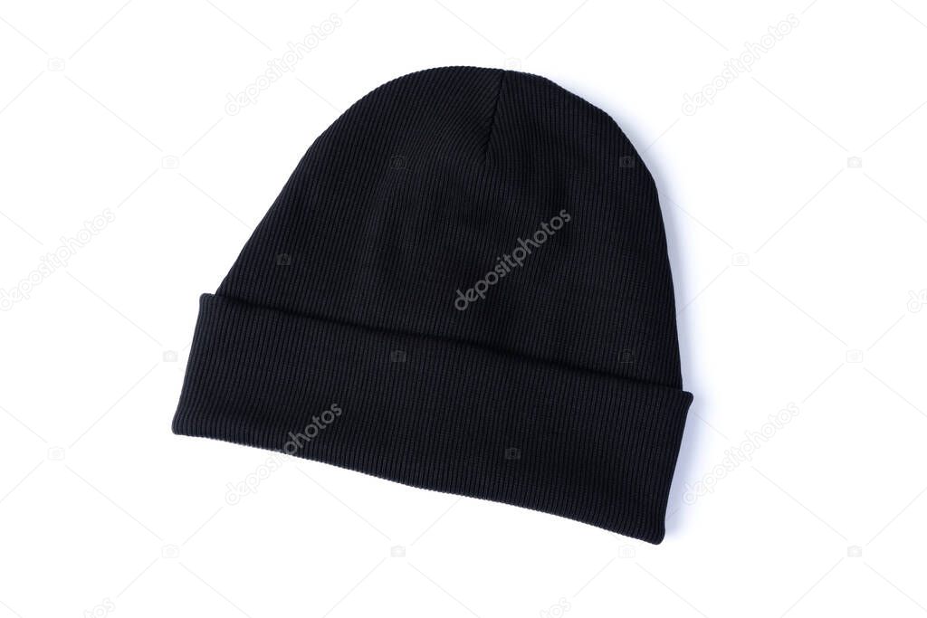 Black beanie hat isolated on white background. Top view of trendy youth headwear