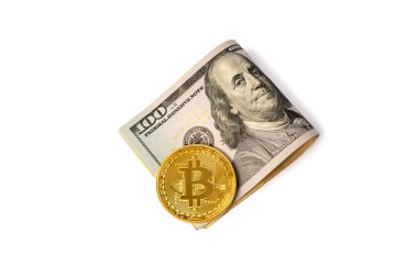 Beyaz arka planda izole edilmiş bitcoin paralı kağıt banknotlar. Üst görünüm. 