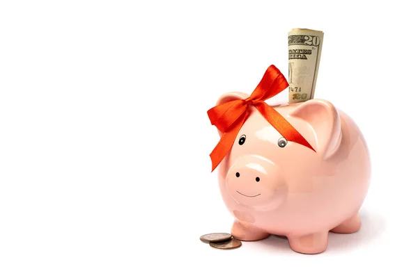 Pink Piggy Bank Red Bow Ear Dollar Bills Isolated White — Stock Photo, Image