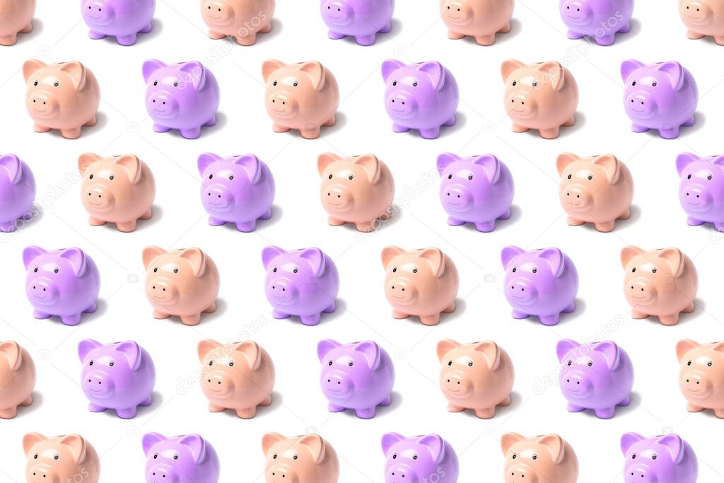Pink and very peri piggy banks pattern. Concept saving money