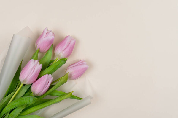 Bouquet of pink tulips in translucent matte white paper on a beige background. Valentine's Day, International Women's Day, Mother's Day, Birthday, Anniversary, Easter. Copy space