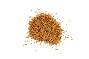 Dry mustard seeds isolated on white background. Seeds for microgreens, growing at home. Top view