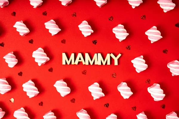 Mothers Day Pattern Small Marshmallows Glitter Shape Heart Inscription Mammy — Stock Photo, Image